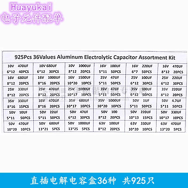 925PCS 36Values Aluminum Electrolytic Capacitor Assortment Kit Low ESR 10-63V 1uF 4.7uF 10uF 22uF 47uF 100uF 220uF 330uF 470uF