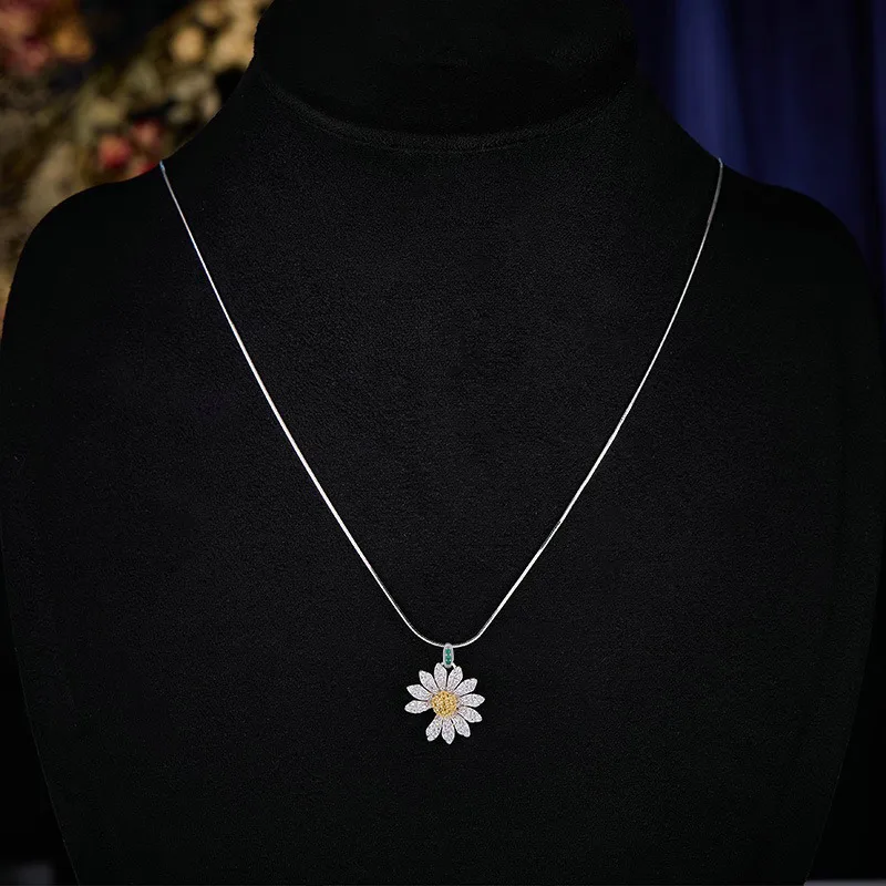 أقراط ديزي وعباد الشمس، قلادة، خاتم، طقم مجوهرات، سلسلة الترقوة من الفضة النقية الفاخرة الخفيفة