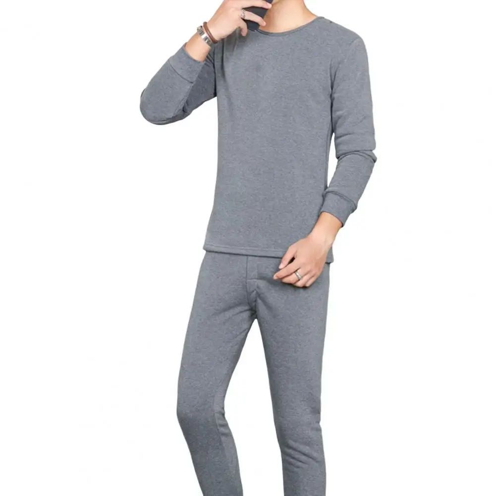 Winter Men Thermal Underwear Set Men's Winter Thermal Underwear Set with Plush Warmth Slim Fit 2 Pcs Round Neck Long for Cold