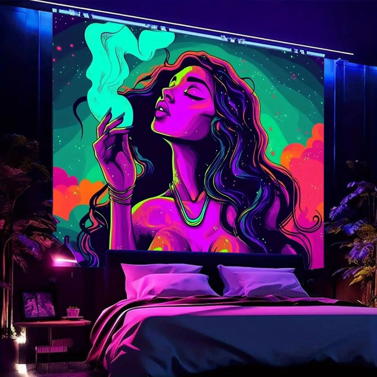 VIKAMA Psychedelic Neon Woman Tapestry Fluorescent Glow Wall Art Boho Chic Room Decor Aesthetic Bedroom Background