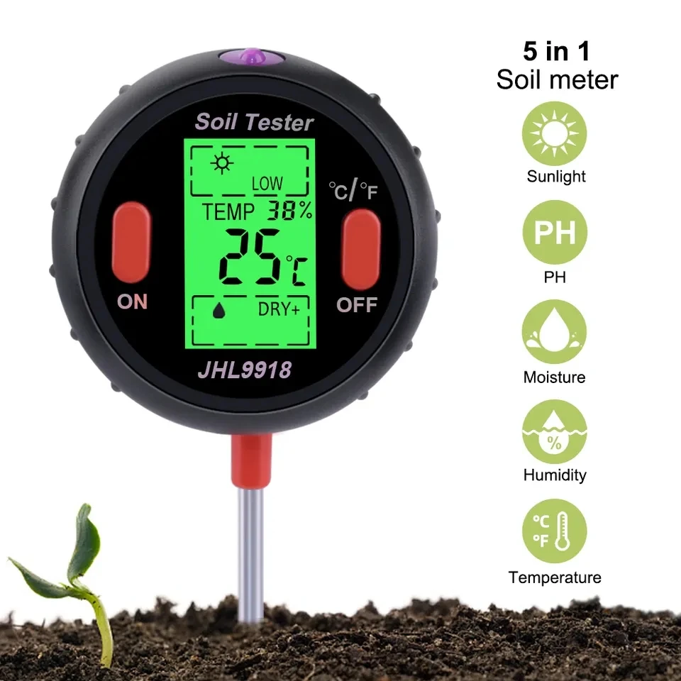 2PCS 5 In 1 Moisture Sunlight Temperature PH For Test Meter For Garden Plants And Lawns Customizable OEM Soil PH Tester