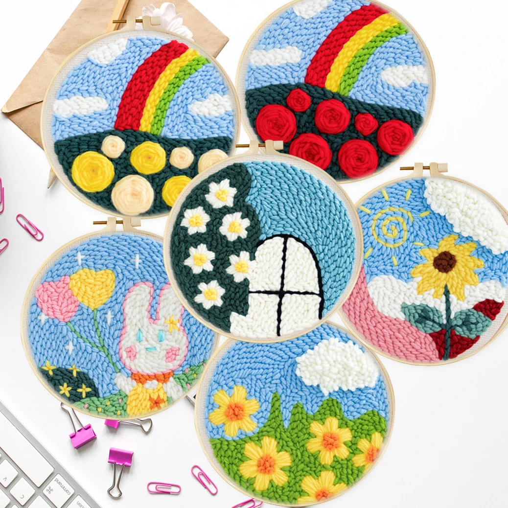

Cartoon Flowers Punch Needle Embroidery Kits for Adults Beginner, Tool with Punch Needle Fabric, Hoops, Yarns and Sewing Needles