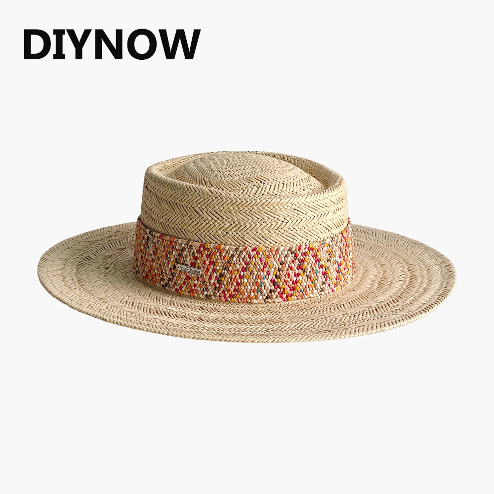 Luxury Natural Paper Straw Sun Hat for Women Colorful Braided Band Wide Brim Flat Top Boater Beach Hat Summer Panama Cap
