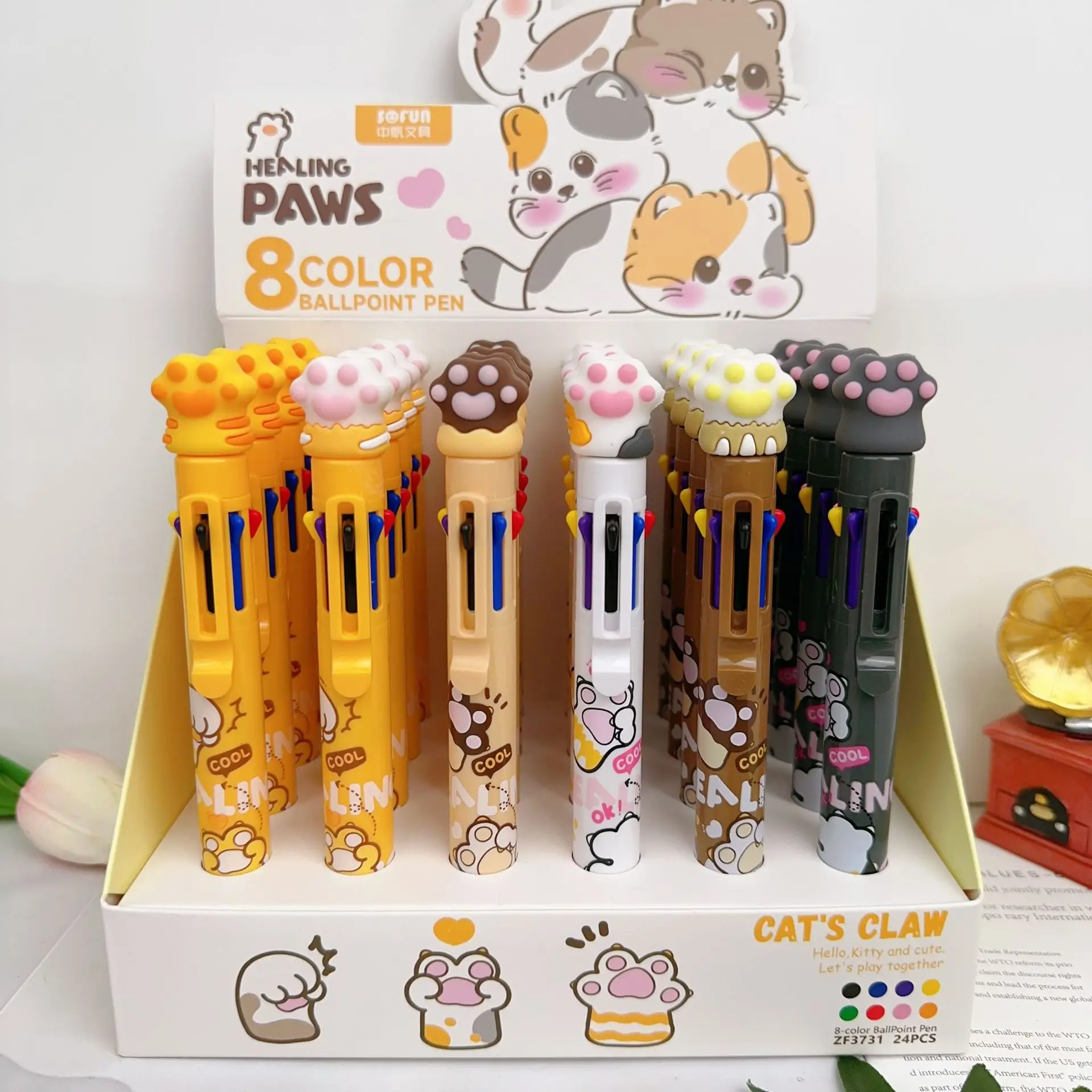 

24 pcs/lot Creative Cat Paw 8 Colors Ballpoint Pen Cute Press Ball Pens School Office writing Supplies Stationery Gift
