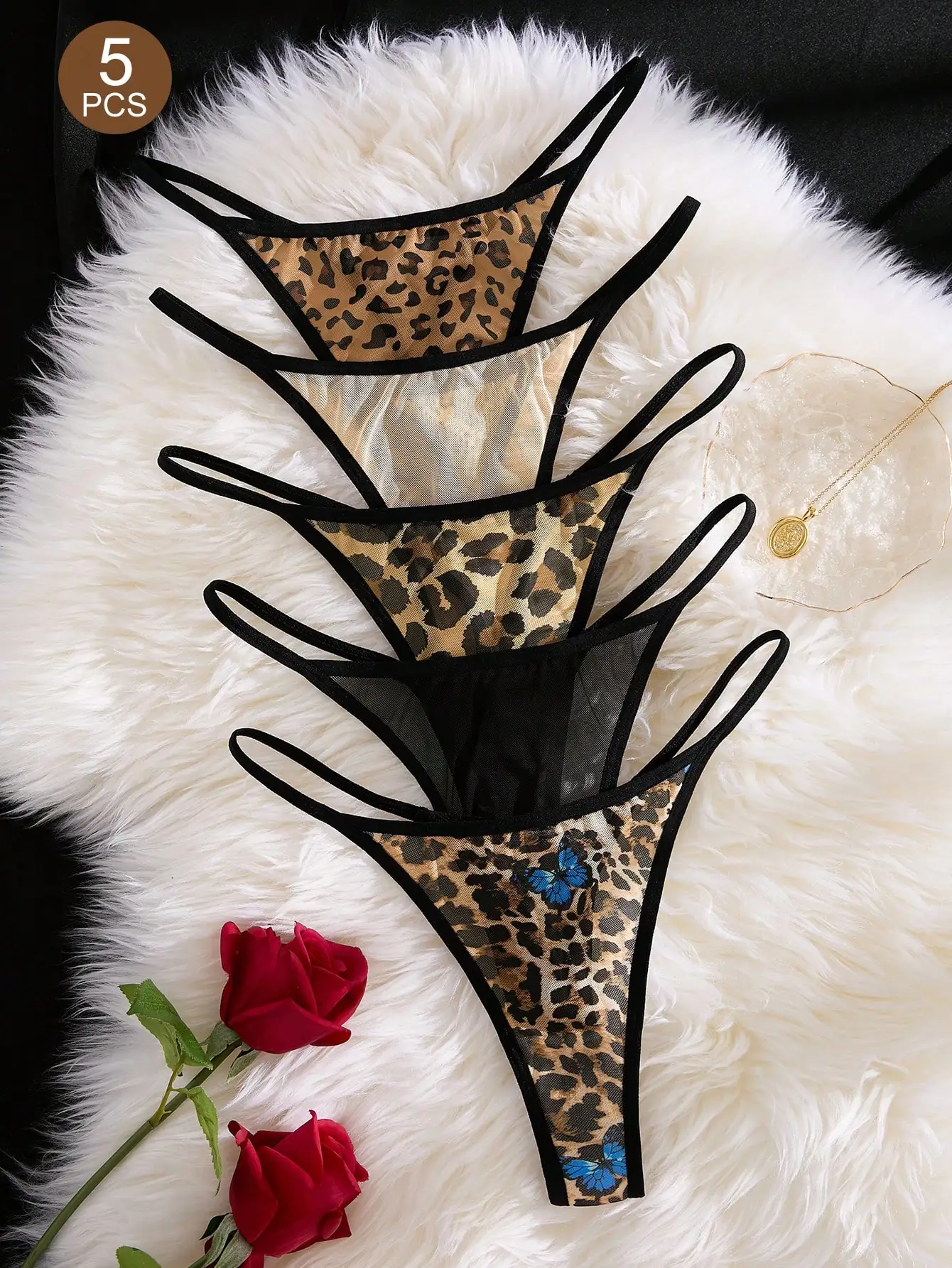 

5pcs Leopard Print Sexy Low Waist G-Strings Set with Butterfly Detail for Women