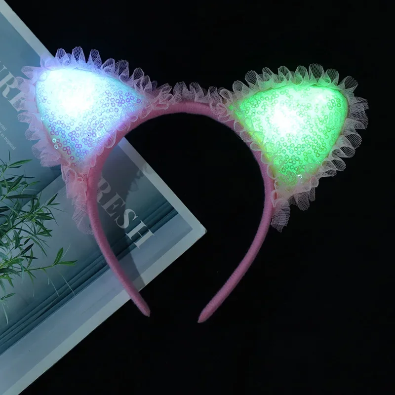 1pcs Women Girl LED Sequin Lace Light Up Cat Ears Headband Hair Accessories Headdress Hairbands Party Supplies Wedding Festival