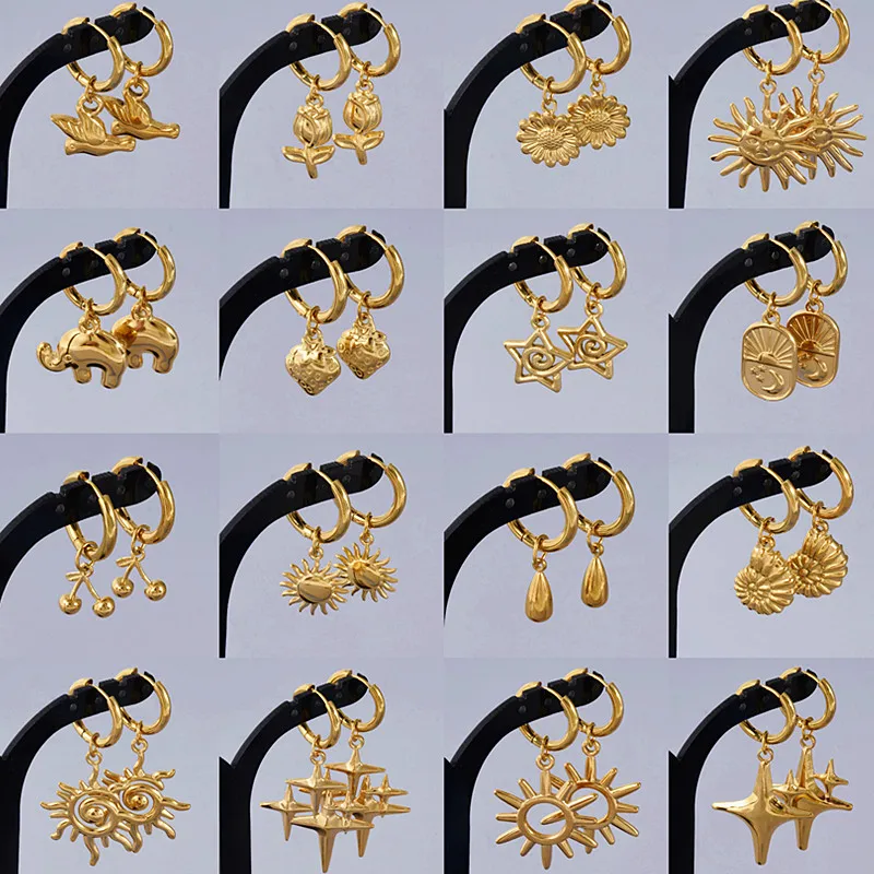 Real Gold Plated 316 Stainless Steel Hoops Earring Sun Star Cute Pendientes Earrings For Women Men Accessories Jewelry Piercing