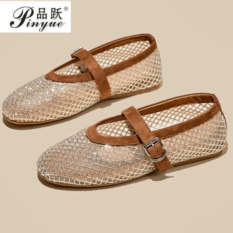 

Модные сандалии-сетка из натуральной кожи, летние, с круглым носком, дышащие, нескользящие, на кнопке, в стиле Мэри Джейн, женские туфли