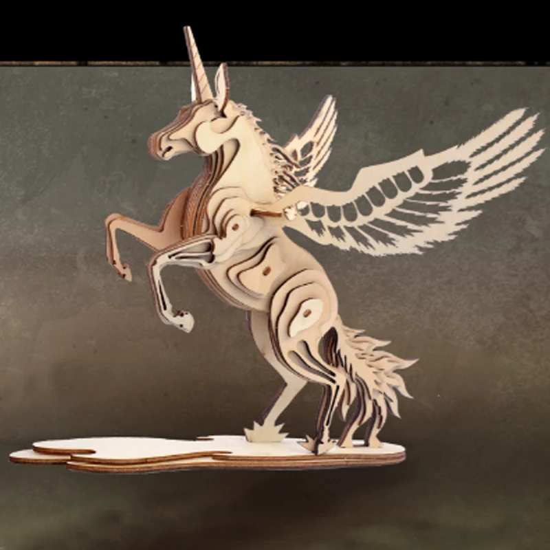 3D Wooden Unicorn Puzzle para crianças, jogo artesanal, brinquedos criativos, presentes DIY, P117