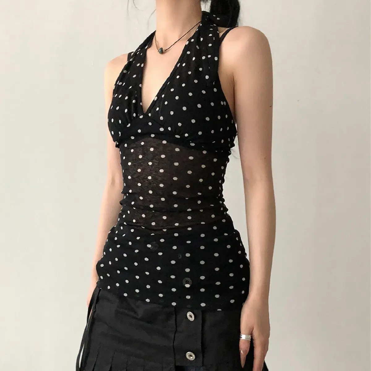 Black Wave Print V-neck Halter Top for Summer Women's Slim Fit Short See Through Dot Fairy Grunge Crop Tops Tanks & Camis Blusa