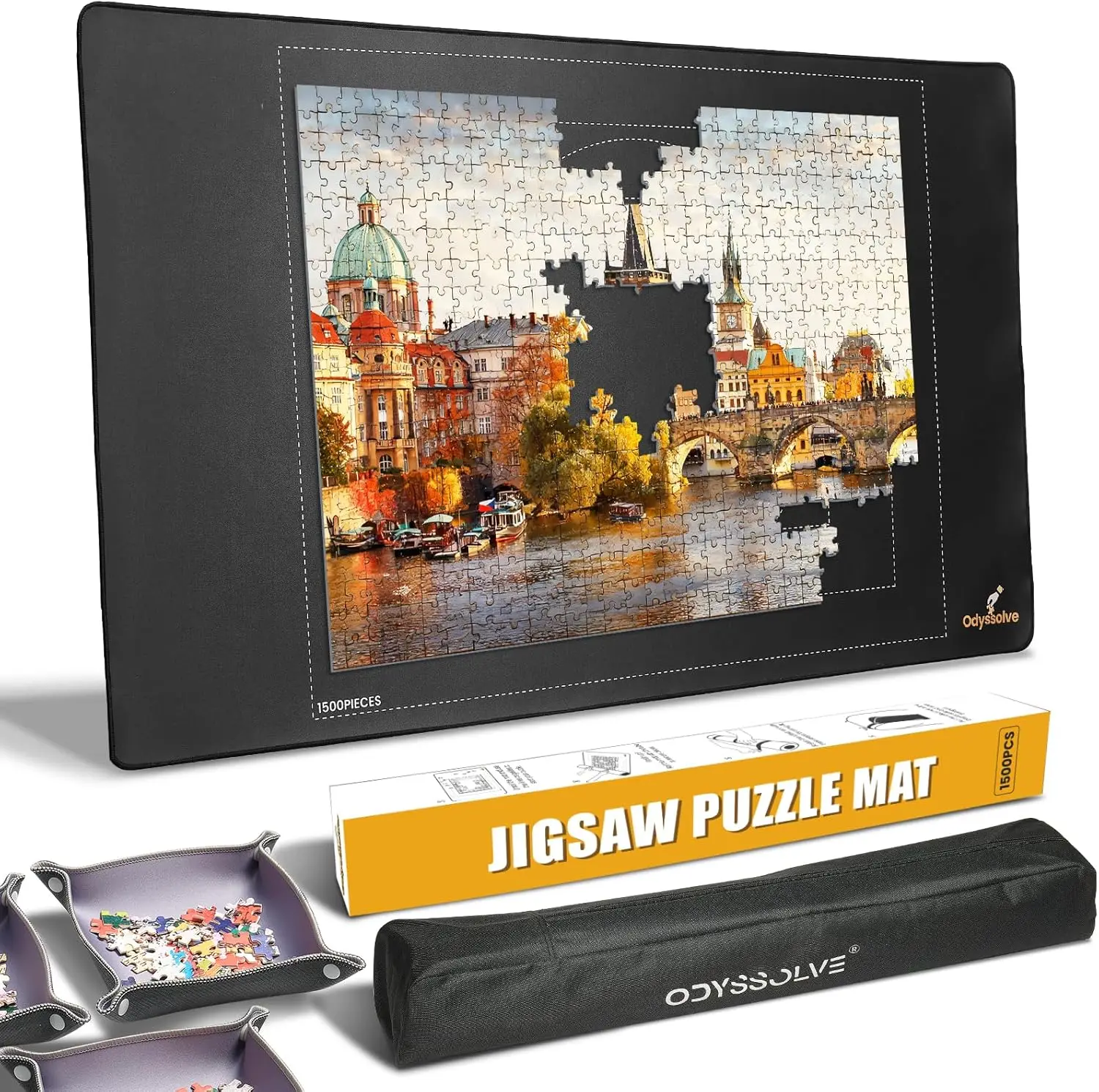

Портативный складной коврик для пазлов на 1500 элементов, 46x26 дюймов, с отсеками для сортировки и сумкой для хранения, с нескользящим резиновым дном