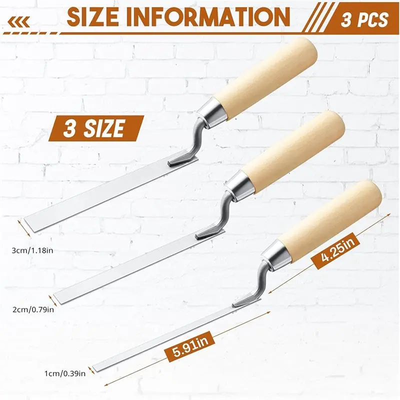AB47-Professional Tuck Pointer Trowel Set, 3 Sizes With Wood Handle For Masonry And Mortar Repair