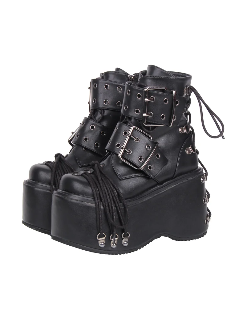 2025 New Punk Belt Buckle Heavy Industry Decorative Lace Boots Japanese Retro Girls Pu Boots
