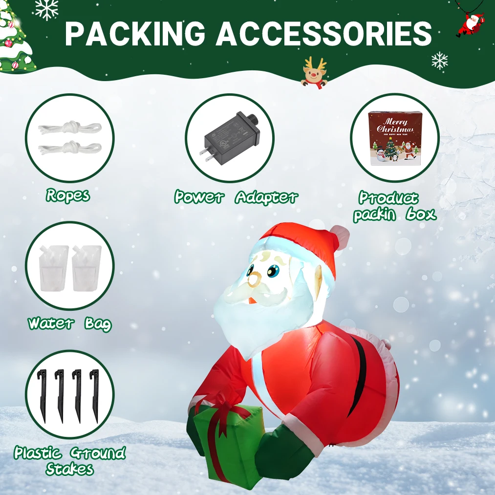 Papá Noel inflable de 0,9 M/2,9 pies, luces LED de regalo, decoraciones para el hogar, juguetes, patio, suministros navideños, decoración de jardín al aire libre