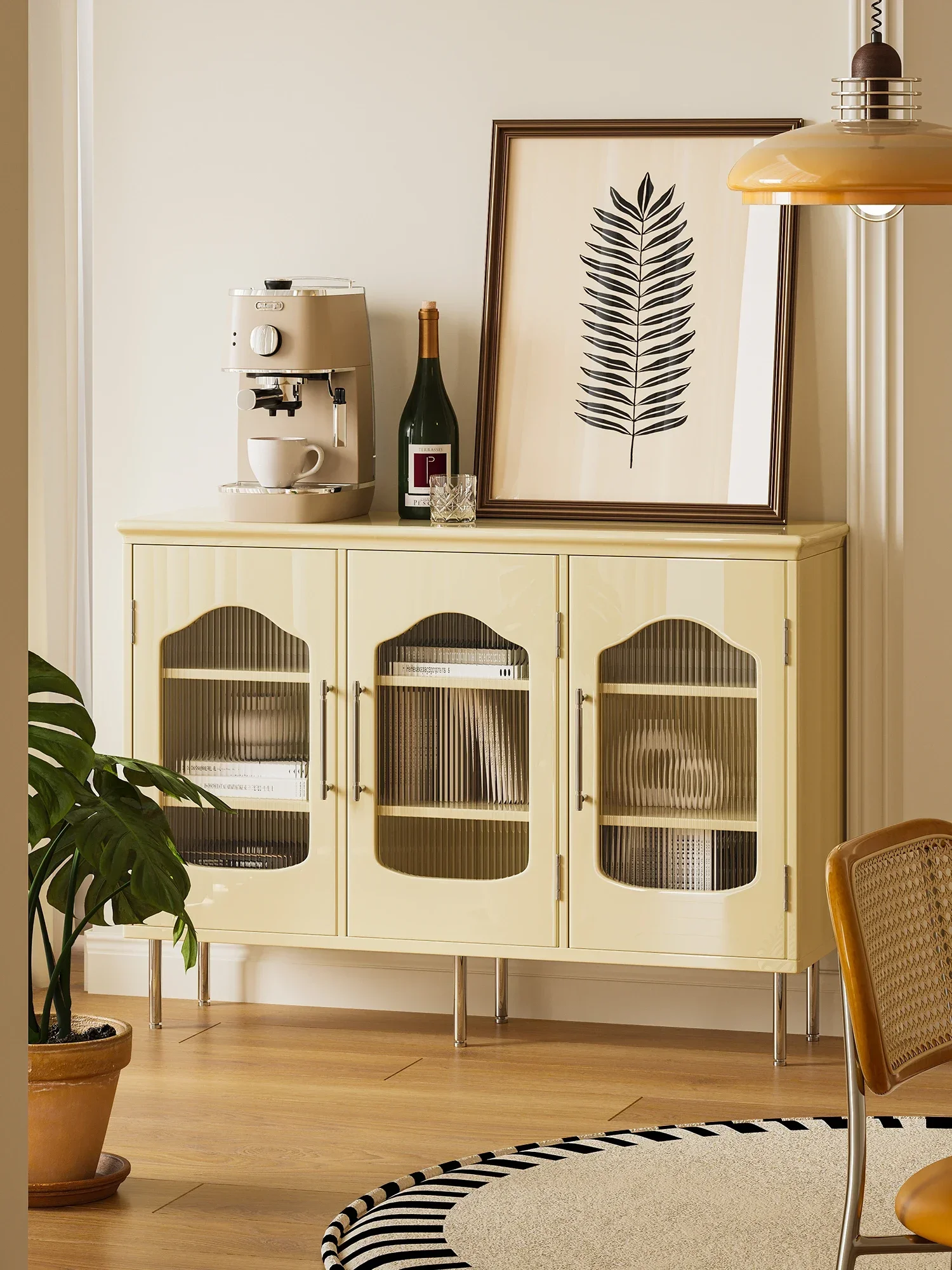 French cream tone dining side cabinet, living room kitchen wall storage integrated cabinet, simple ins chest cabinet