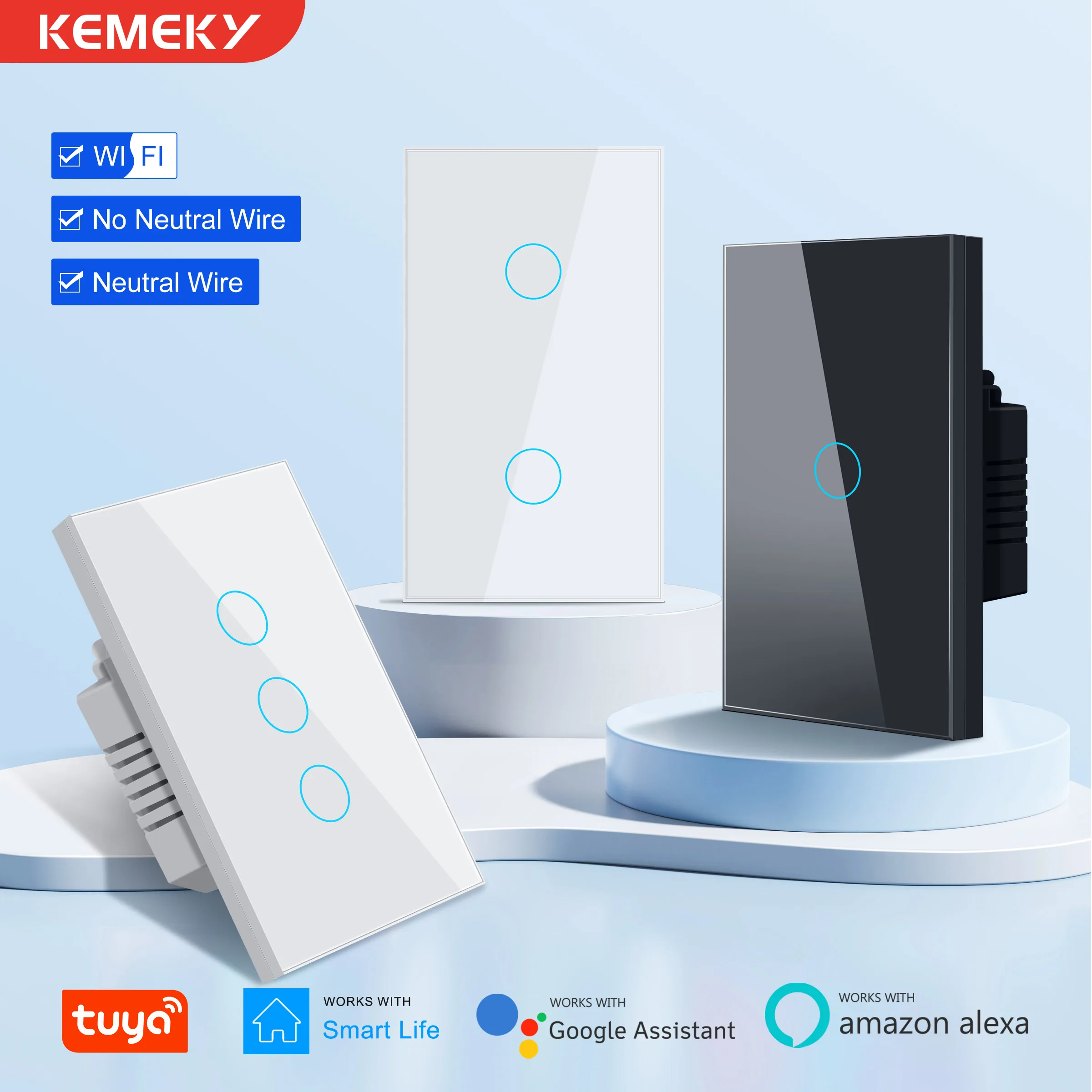 KEMEK-Interruptor táctil Wifi inteligente, No requiere cable neutro, interruptor de luz de 1/2/3 entradas para hogar inteligente, 100-240V, funciona con Alexa, Hey Google