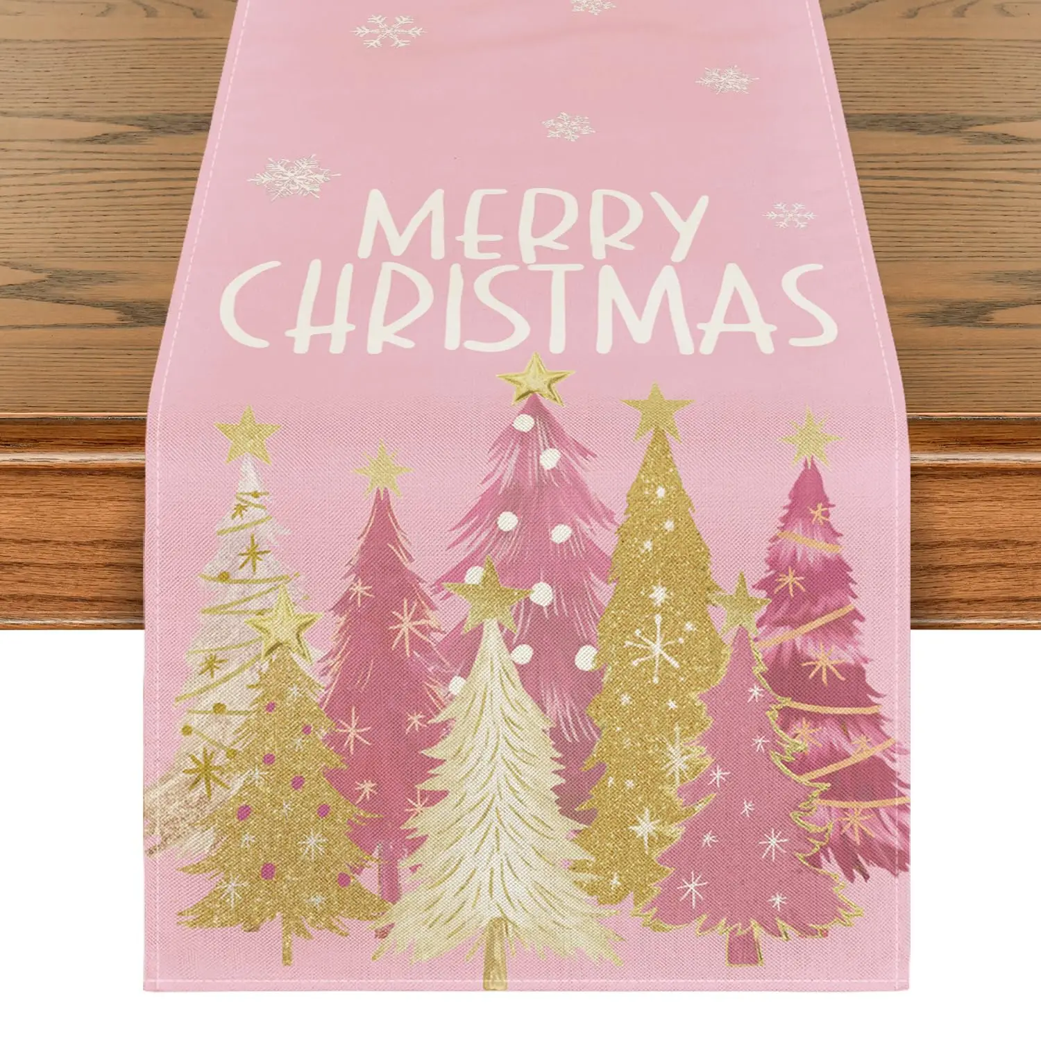 

Xmas Trees Snowflakes Pink Merry Christmas Table Runner, Winter Seasonal Kitchen Dining Table Decoration for Home Party Decor