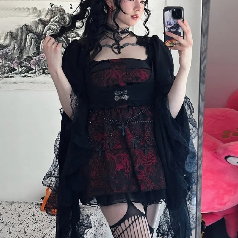 Gotycki Vintage Smock Damski Pałacowy Styl Hotsweet Mroczna Estetyka Grunge Koronkowy Patchwork Rozkloszowane Rękawy Krótkie T-shirty Damskie