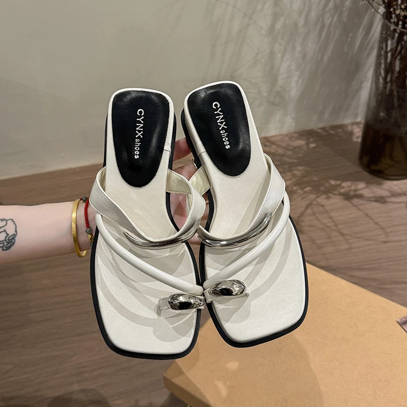 2026 New French Style Outskirt with Slope Heel and Toe Metal Fashion Versatile Cool Slippers