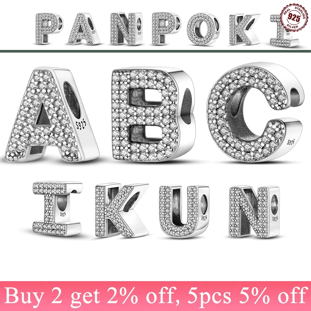 PANPOKI 925 Sterling Sliver Alphabet Pendant 26 Letters A-Z Fit Original Wear Bracelet Necklace Charms DIY Jewelry Making