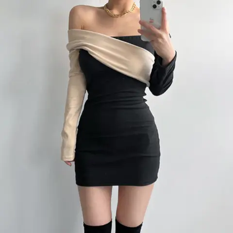섹시한 드레스 여성복 패션 편안한 긴 소매 어깨 드러내기 큰 V넥 패치워크 드레스 원피스 여성복 드레스 원피스