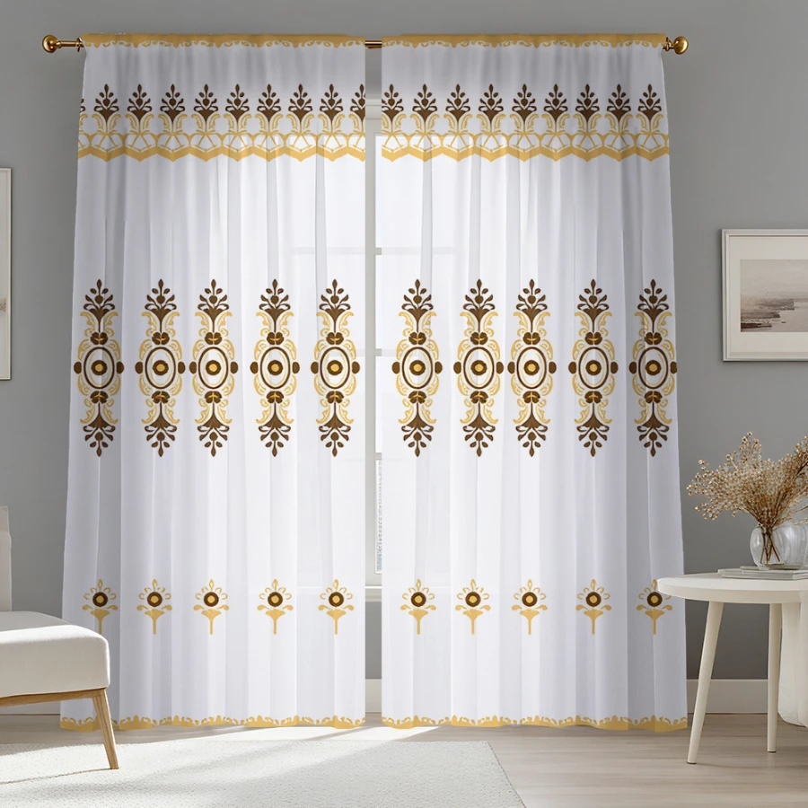 2PCS Digital Print Sheer Curtain, Golden Brown Boho Totem, Boho Chic Window Curtains for Living Room Bedroom Home Decor