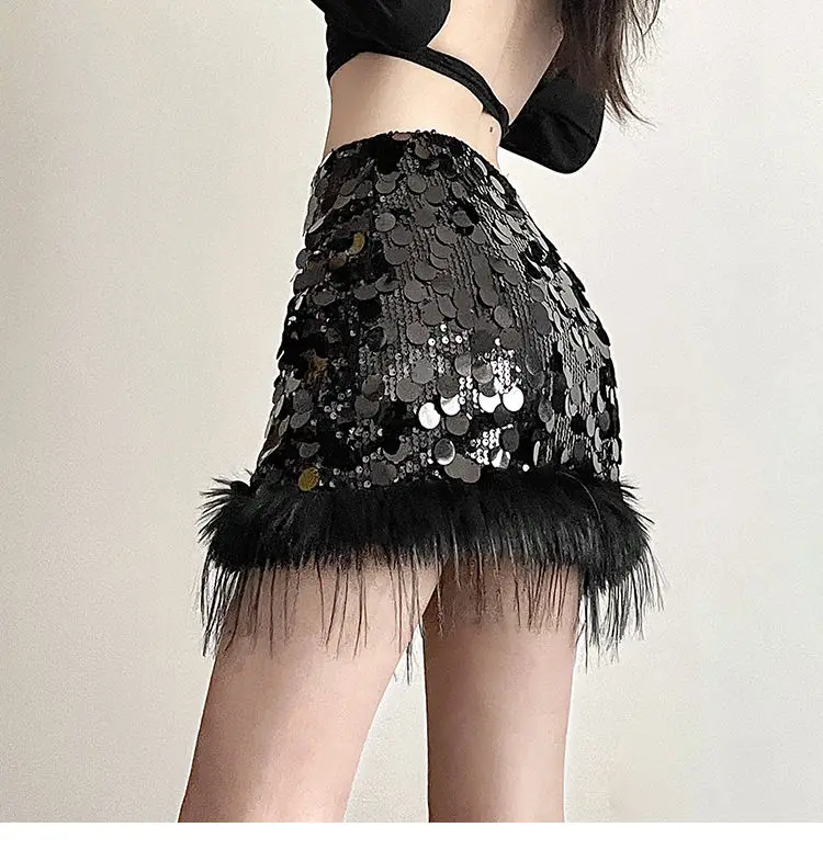 Sexy Sparkly Korean Women's High Waisted Sequin Skirt Elegant Plush Spliced Party Skirt