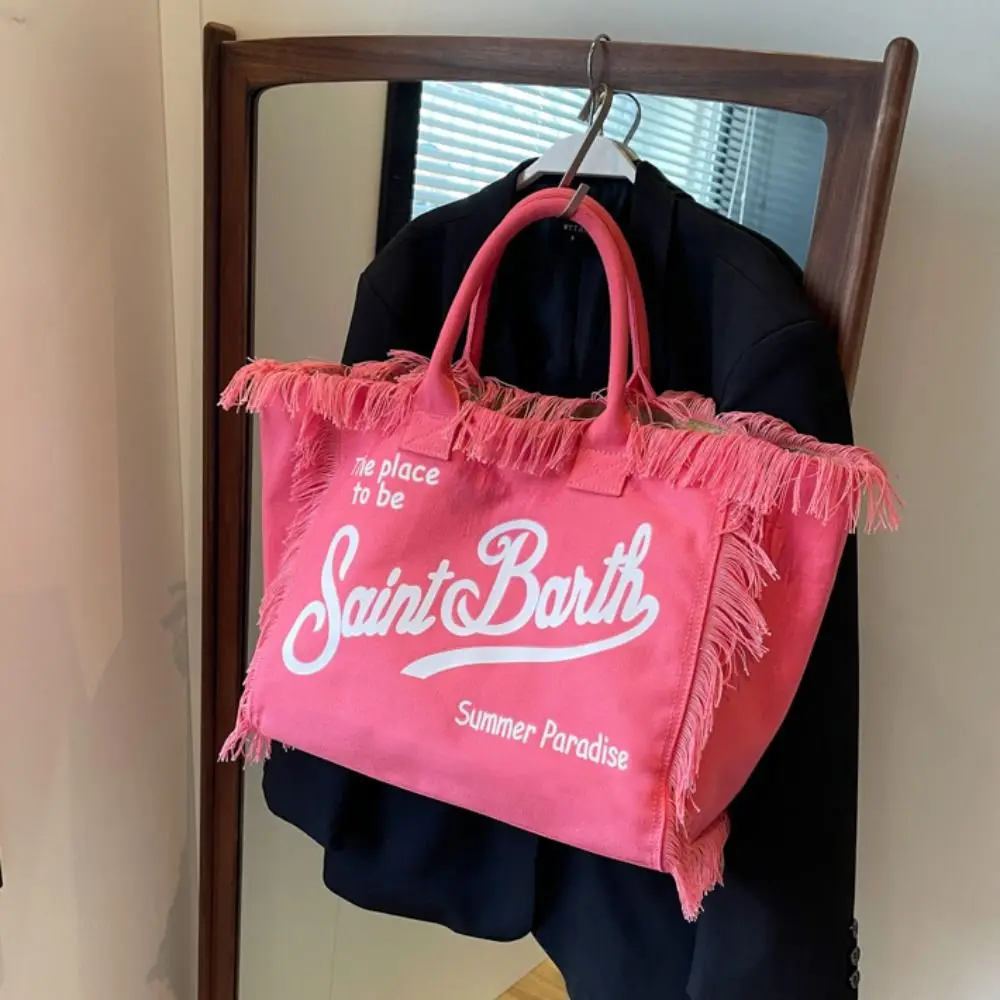 Fashion Tassel Design Women Canvas Bag Large Capacity INS Casual Shoulder Bag Simple Style High Quality Beach Tote Bag Vacation image 2