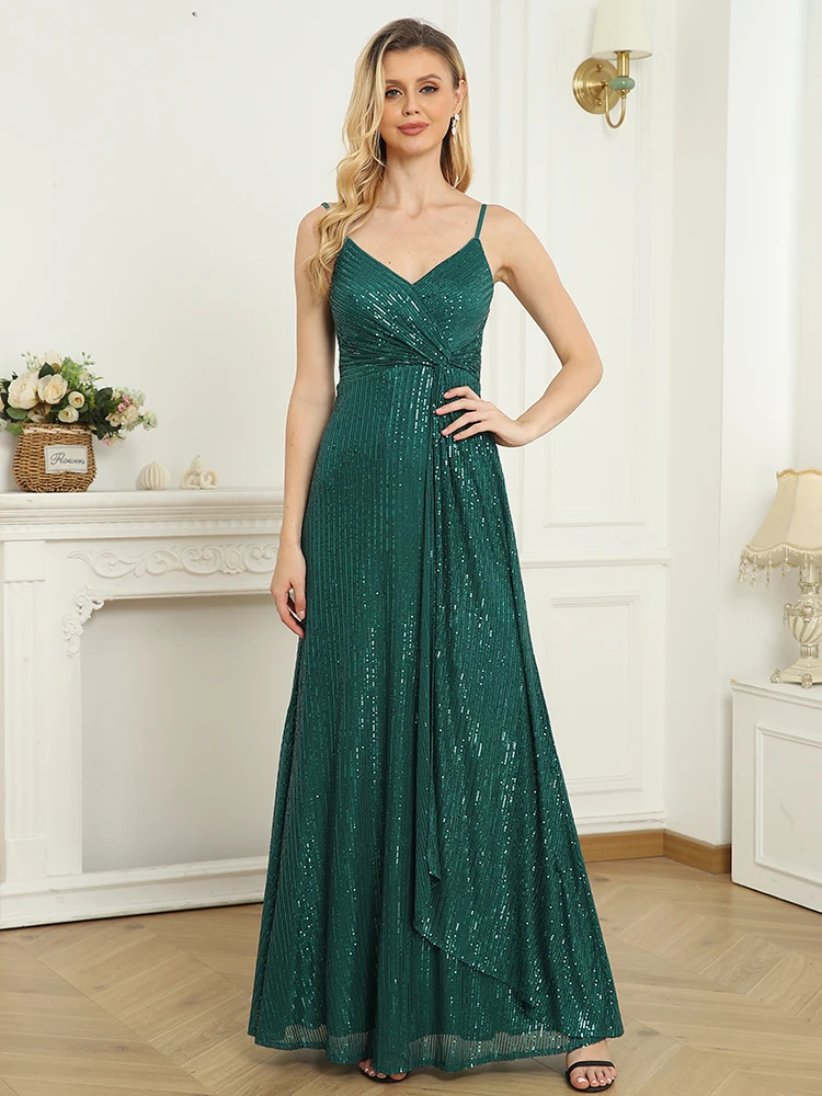 XUIBOL Elegant Suspenders V-Neck Evening Dress 2024 Women Sexy Wedding Party Sequins Long DressFor Formal Guests Green Prom