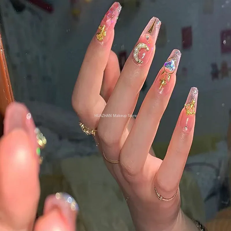 Uñas postizas hechas a mano Y2K rosa brillante con pegamento, uñas postizas reutilizables, ataúd de almendra, puntas de diamantes de imitación, prensa en uñas, manicura DIY