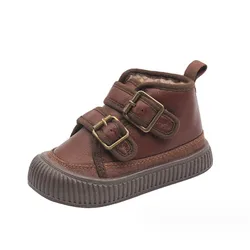 Bottes en cuir à semelle souple pour enfants, chaussures pour tout-petits, fourrure chaude, non ald, mode, garçons, filles, automne, hiver, nouveau