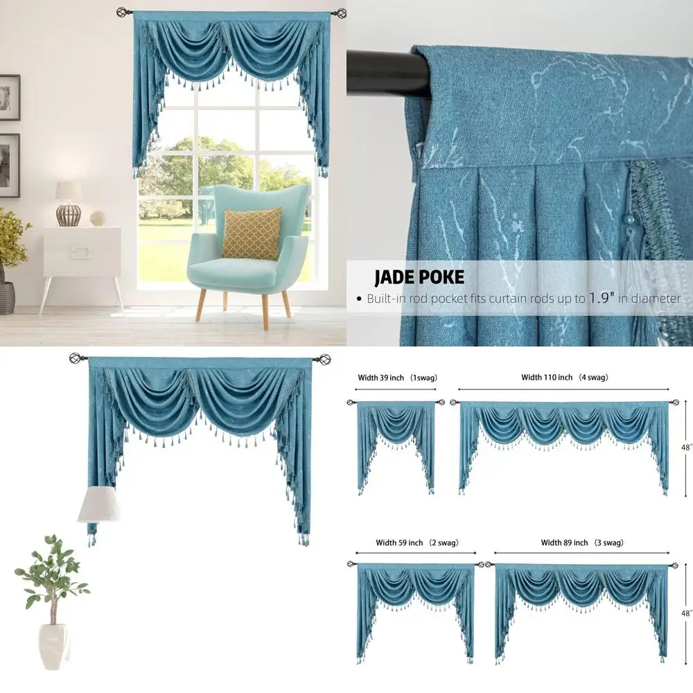 

Blue Waterfall Jacquard Tassel Valance Curtain for Living Spaces and Bedrooms (1 Panel, W59)