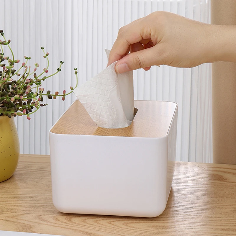 Plastic Tissue Box Wooden Lid Square Napkin Holder Container Wet Tissue Paper Dispenser Case Modern Home Car Organizer