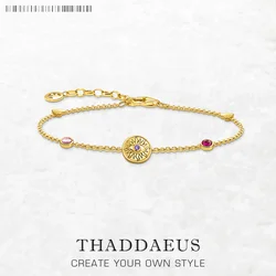 Yellow-Gold Plated Bracelet Sun Coin Brand New Link Chain 925 Sterling Silver Vintage Jewelry Summer Gift For Women