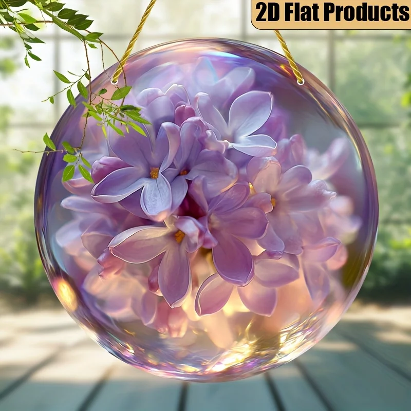 2D Flat Purple Lilac Flowers Round Acrylic Hanging Ornament, Dreamy Translucent Glass Ball Window Suncatcher, Floral Home Decor