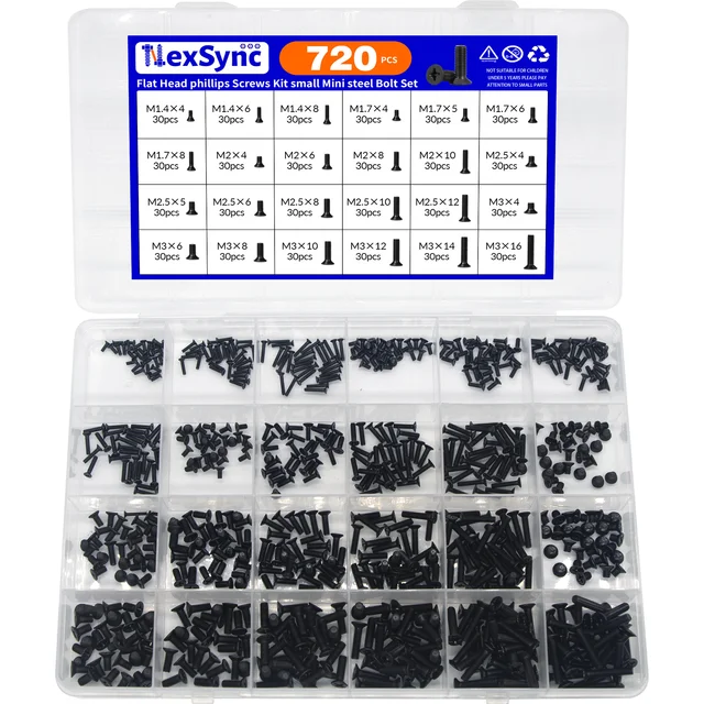 720 szt. Zestaw małych mini śrub z łbem stożkowym i łbem krzyżowym M1.4-M3 zestaw śrub do komputera ze stali węglowej Notebook Laptop