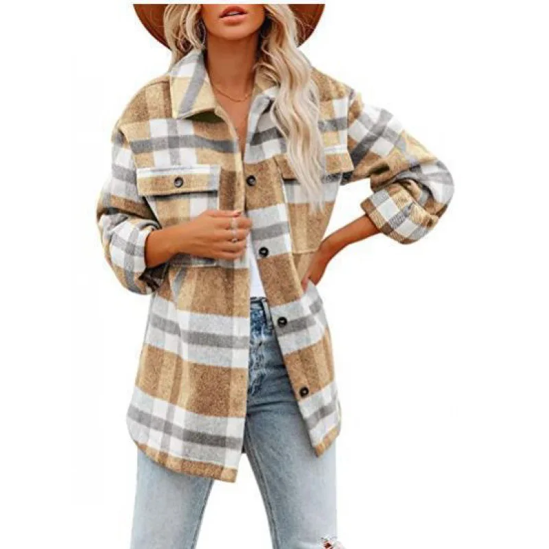 Autumn and Winter Women\'s Polo Collar Plaid Stripe Contrast Button Flocking Pocket Long Sleeve Cardigan Shirt Jacket Casual Tops