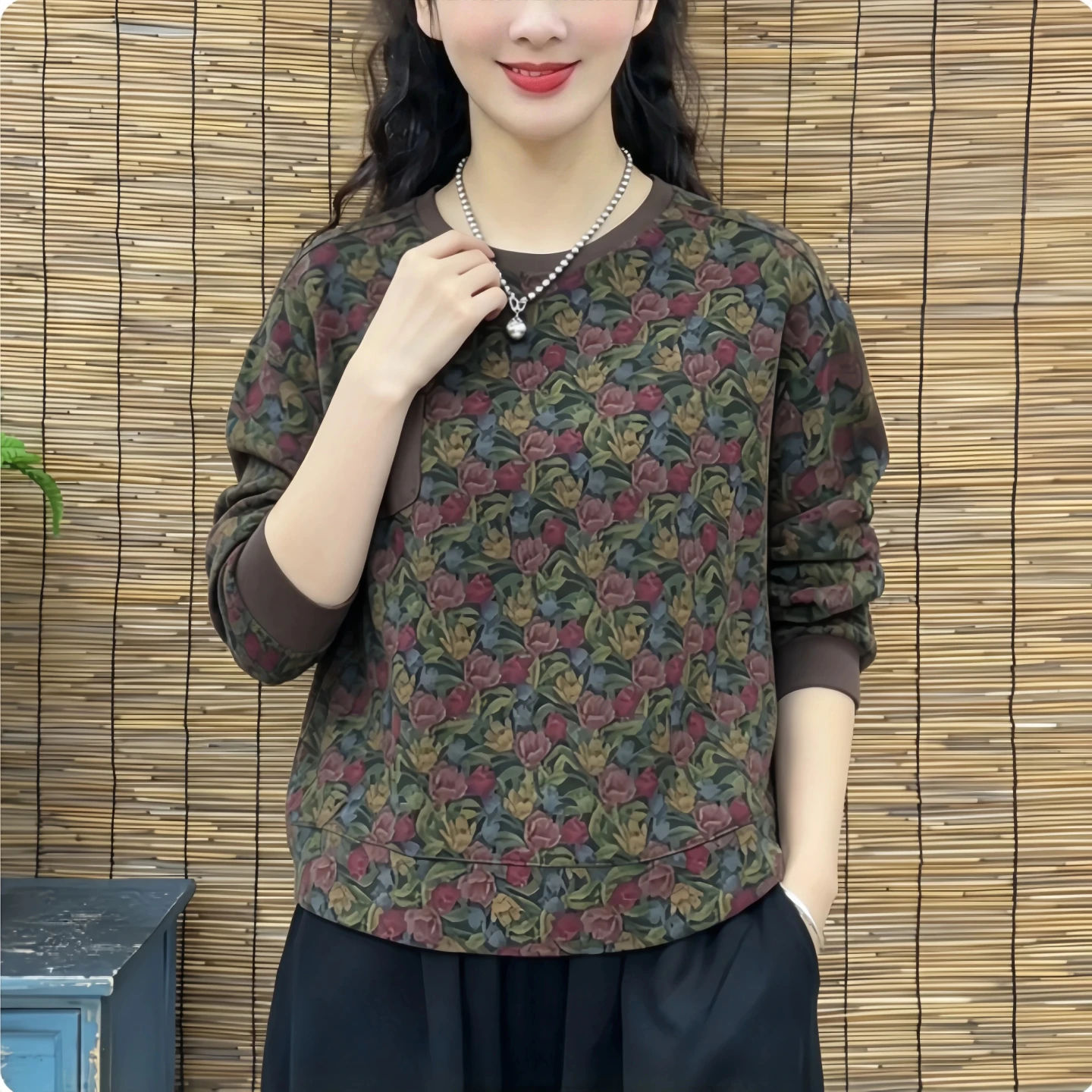 Double-Sided Velvet Long-Sleeve T-Shirt Women's round Neck Vintage Print Casual Versatile Loose Fit Anti-Aging Top