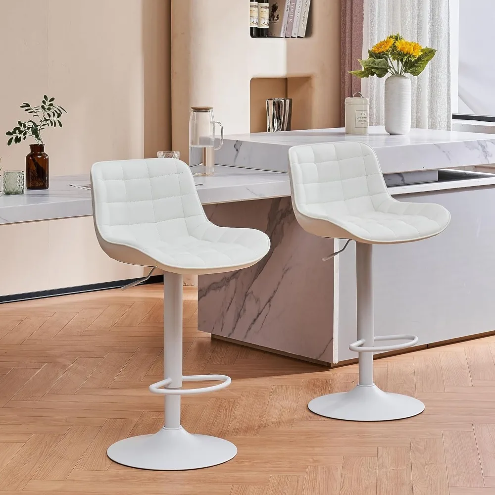 

White Bar Stools Set of 2 Faux Leather Upholstered Counter Height Barstools Adjustable Swivel Metal Bar Chairs with Back