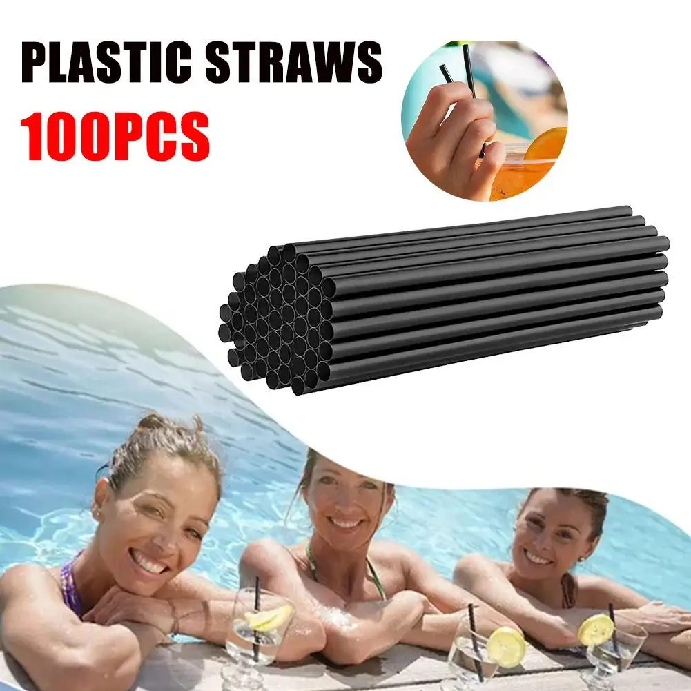 100Pcs 8mm*230mm Plastic Kitchen Beverage Drinking Black Straw Cocktail Sand Ice Yogurt For Bar Wedding Party Straws Accessories