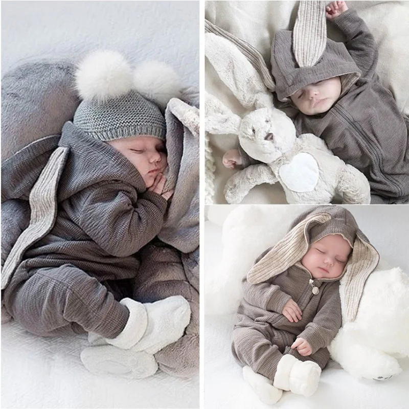 

Spring Autumn Newborn Baby Boys Rabbit Cartoon Hooded Rompers Infant Jumpsuits Easter Bunny Baby Romper Zipper Newborn Clothes