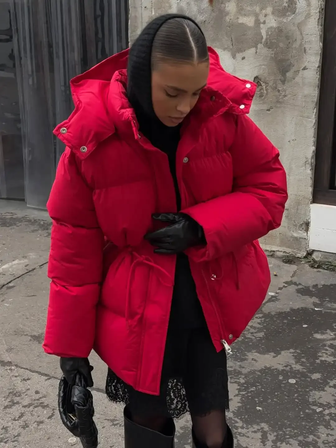 Chic Red Drawstring Hooded Cotton Coat Women Chic Stand Collar Single Breasted Waist Cinching Loose Coats Lady Street Warm Wear