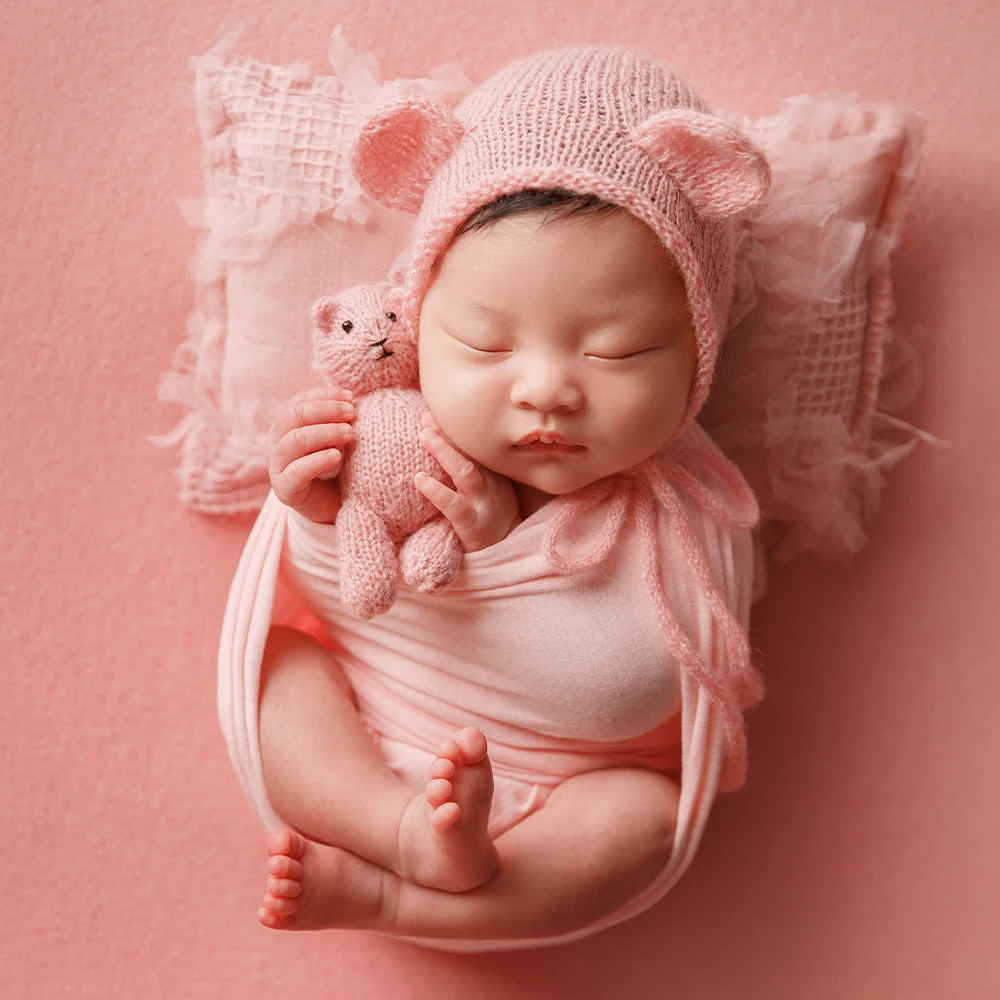 Accessoires de Prise de Vue pour Bébé, en Coton, Ours Rond, Chapeau à Beurre, Oreiller en Dentelle, Accessoires de Photographie, Thème Rose pour Studio Photo