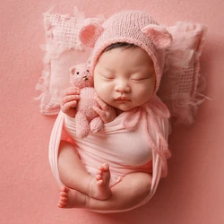 Baby Shooting Props Cotton Stretch Wrap Knitted Bear Doll Hat Lace Pillow Photography Props Accessories Studio Pink Photo Theme