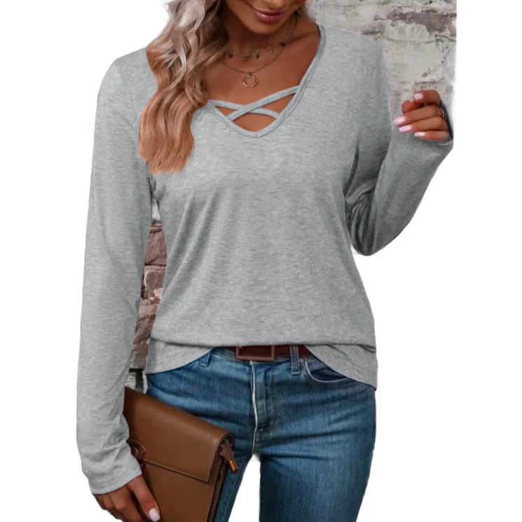 Loose for Fit Womens Solid Color Long Sleeve T Shirt For Cross Tie Front for Vacation Holiday Beach and Yoga Activities