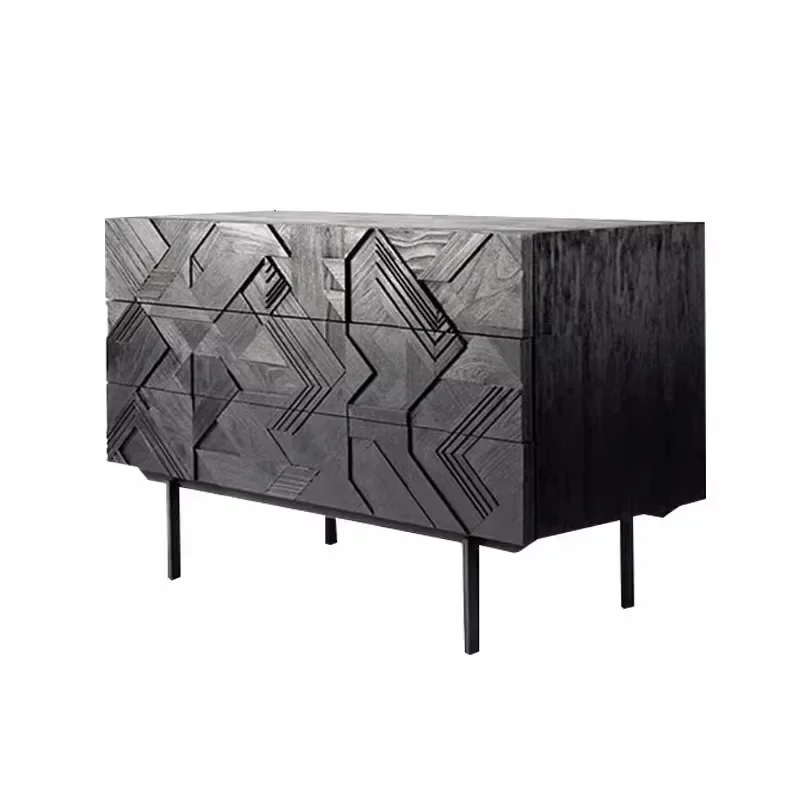 

Medieval industrial style solid wood three-pump chest cabinet, locker, Nordic retro carved imported expression side cabinet