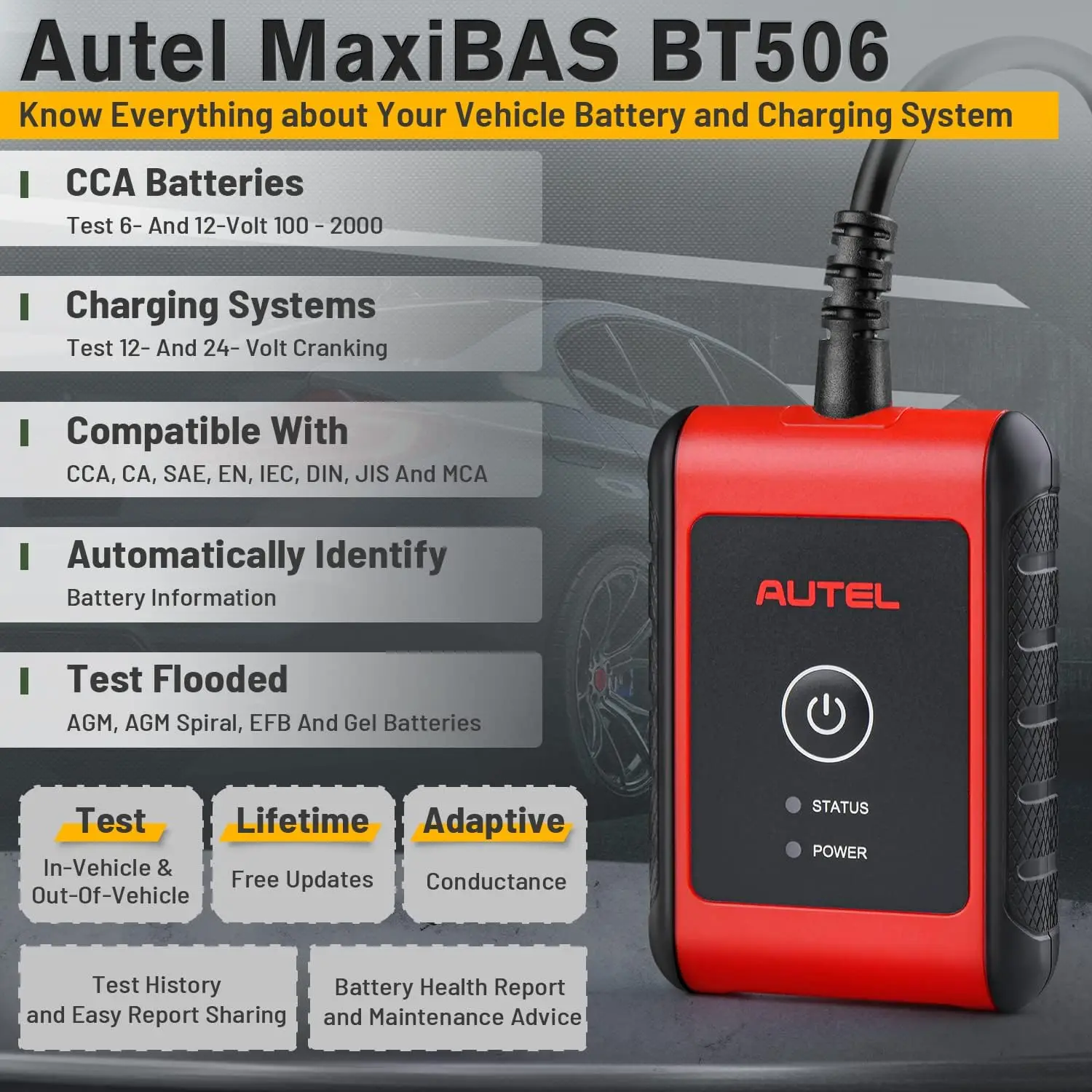 MaxiBAS BT506 Car Battery Tester, 6V 12V 100-2000 CCA Battery Analyzer, Top Accuracy Adaptive Conductance, 12V 24V Cranking/Char