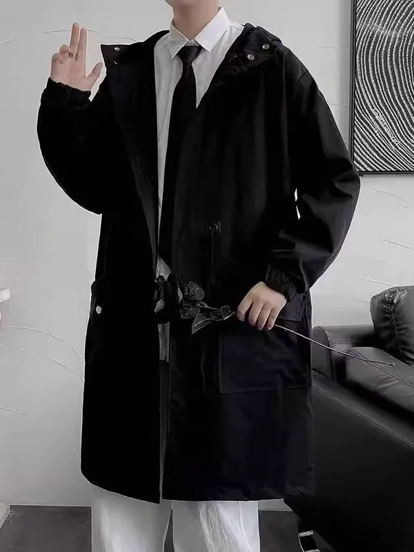

Street Sle Japanese Workwear Coat Men's Hooded Spring Autumn Trendy Loose Haome Mid-Length Knee-Over Coat