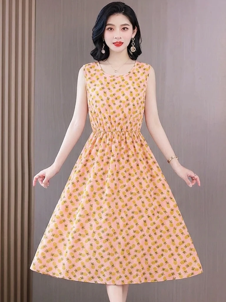 

Elegant Sleeveless Pineapple Print Dress Women's Summer Slimming Midi Length Thin Material round Neck Casual Style Dress