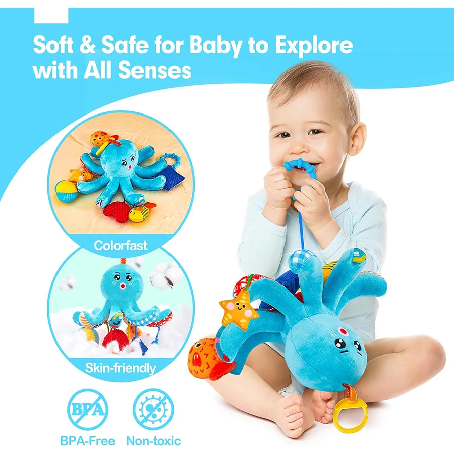 ของเล่นเด็กอ่อน 0-6 เดือน - ของเล่นติดเบาะรถยนต์ รูปปลาหมึก พร้อมเชือกดึง มีเสียงดังเอี๊ยด มีเสียงกรอบแกรบ มีเสียงเขย่า มีกระจก ของเล่นเสริมพัฒนาการแบบมอนเตสซอรี่สำหรับเด็กแรกเกิด